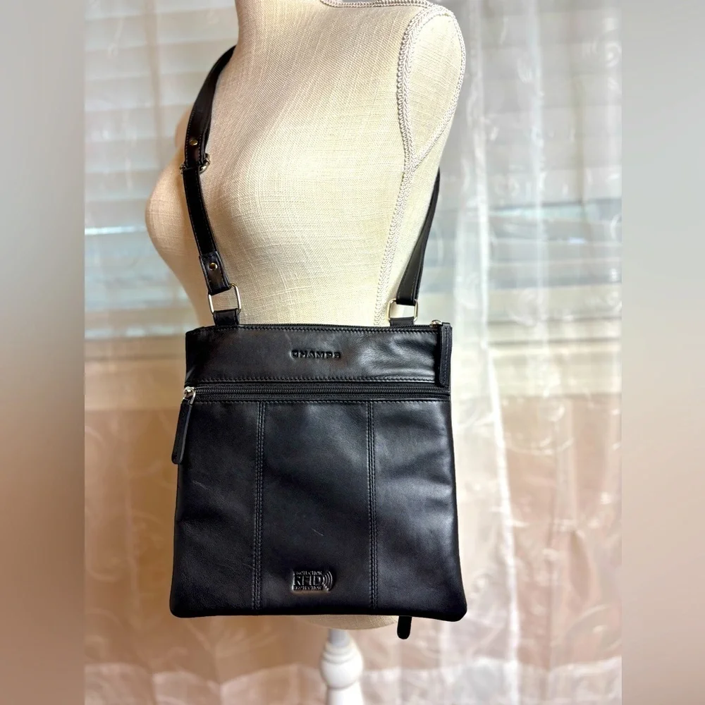 Champs Black Smooth Leather RFID Messenger Crossbody Bag